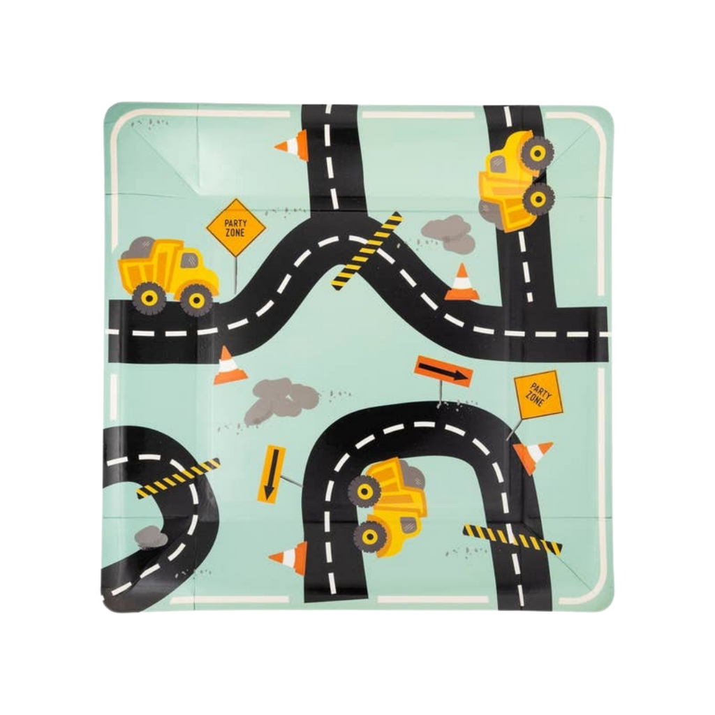 Yellow construction truck plate with road and sign graphics construction birthday from Parte Haus party supply store in Bethesda Maryland