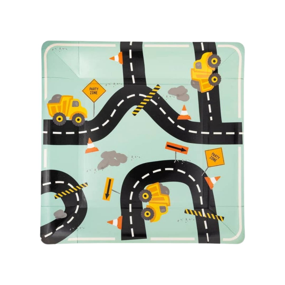Yellow construction truck plate with road and sign graphics construction birthday from Parte Haus party supply store in Bethesda Maryland