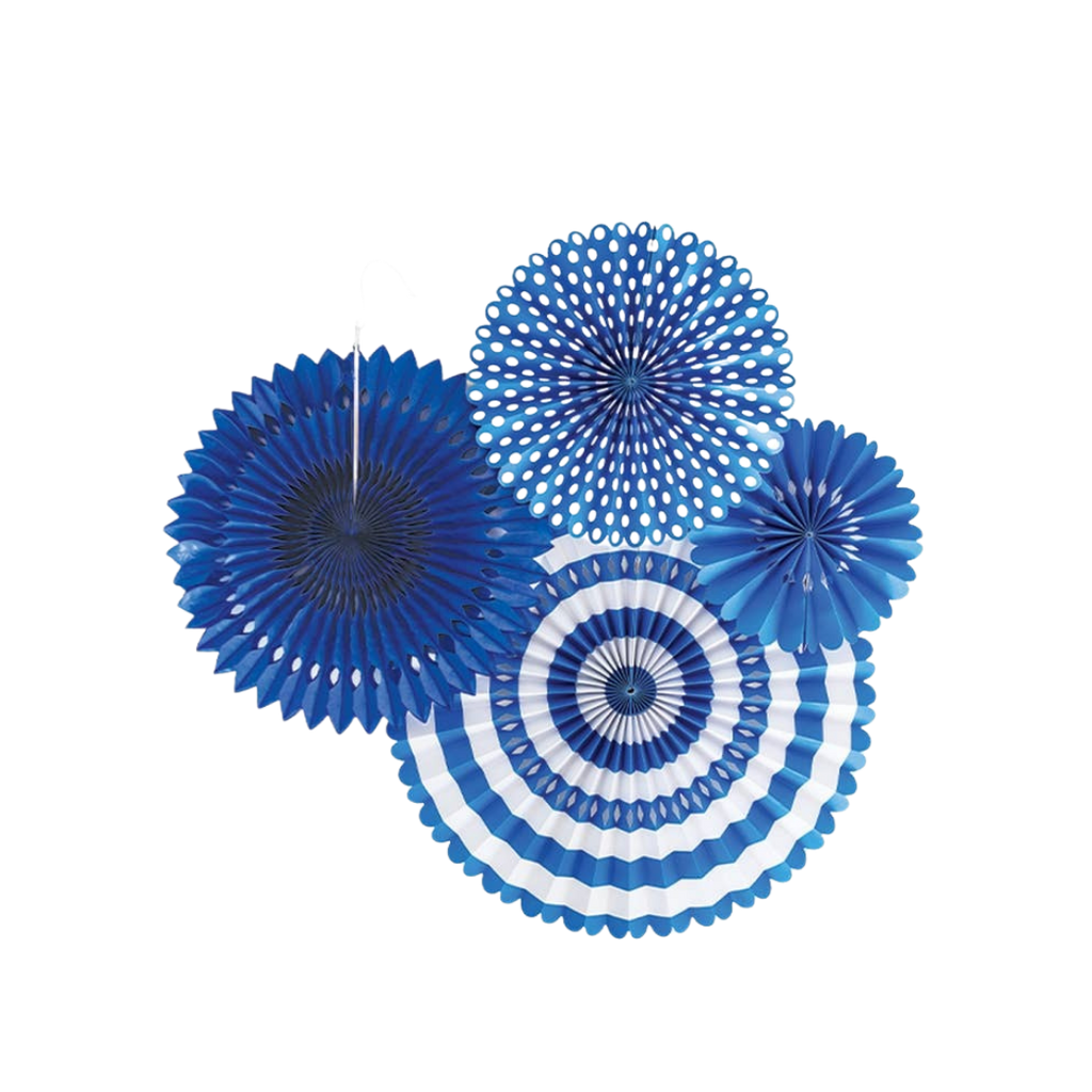 Blue and white fan set with round paper fans for birthday or celebration from Parte Haus party supply store in Bethesda MD