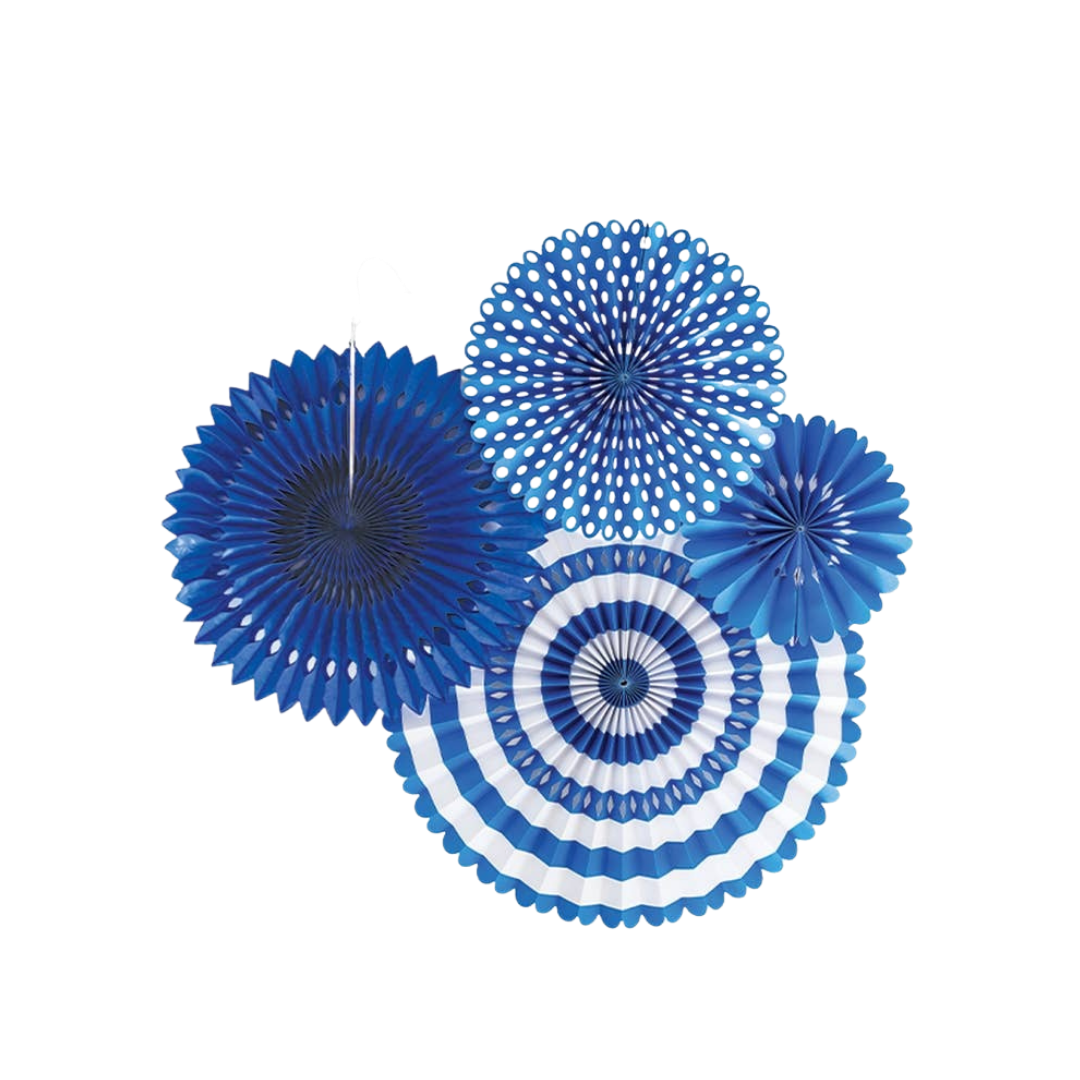 Blue and white fan set with round paper fans for birthday or celebration from Parte Haus party supply store in Bethesda MD