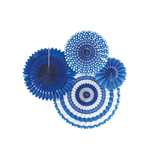 Blue and white fan set with round paper fans for birthday or celebration from Parte Haus party supply store in Bethesda MD
