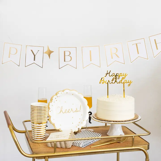 White with Gold Text "Happy Birthday" Banner