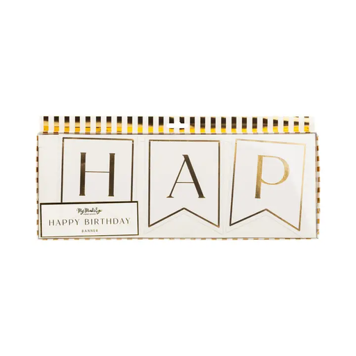 White with Gold Text "Happy Birthday" Banner