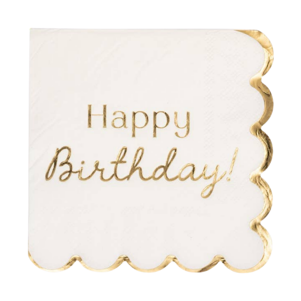 White and Gold "Happy Birthday" Cocktail Napkins