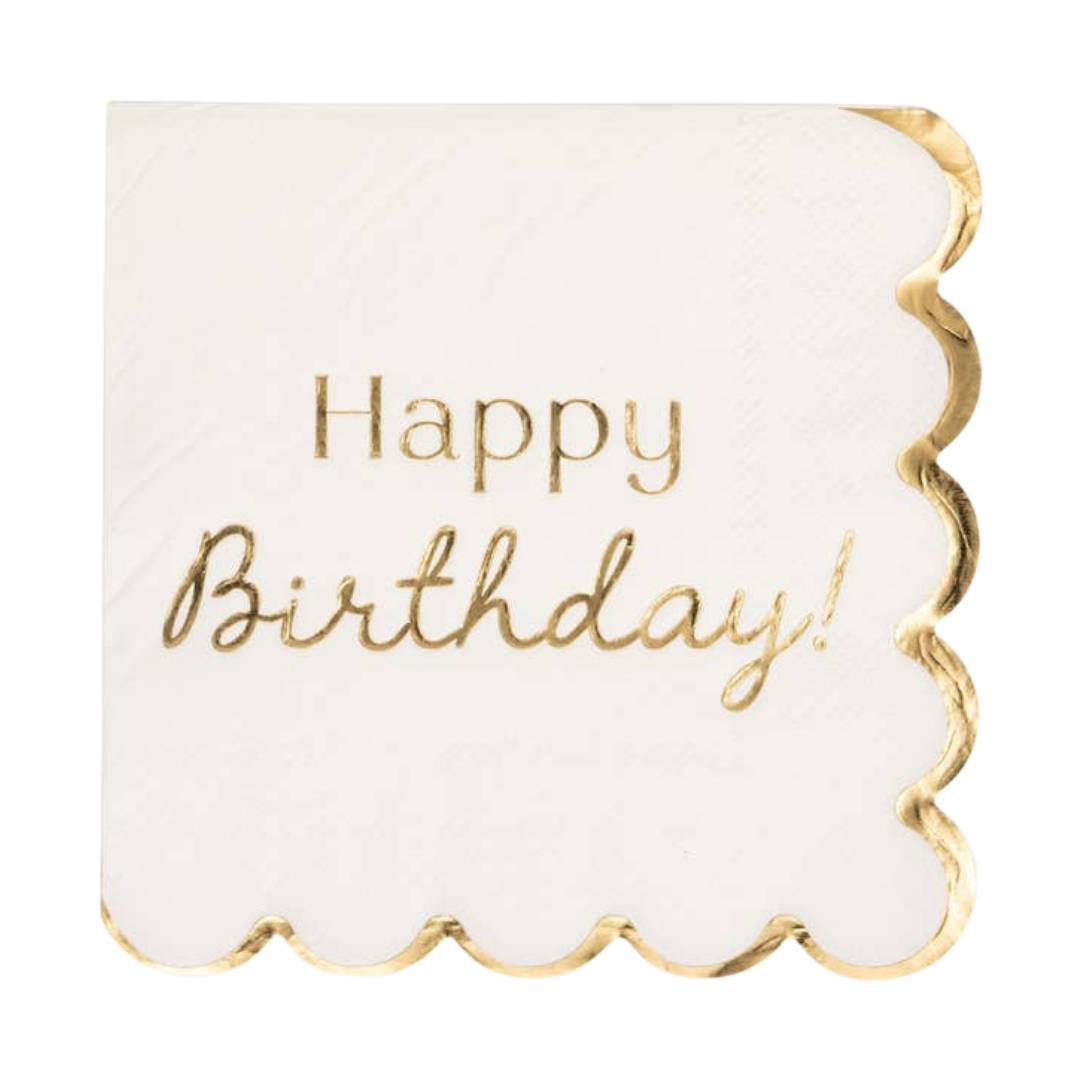 White and Gold "Happy Birthday" Cocktail Napkins