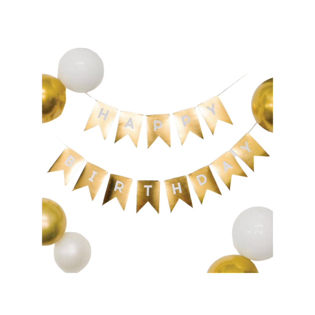 Gold foil happy birthday word banner with gold and white balloons birthday theme from Parte Haus party supply store in Bethesda MD