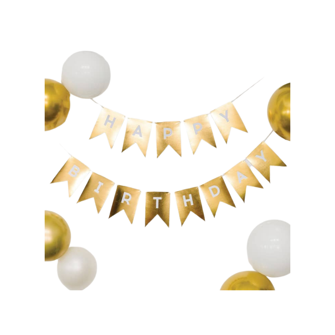 Gold foil happy birthday word banner with gold and white balloons birthday theme from Parte Haus party supply store in Bethesda MD