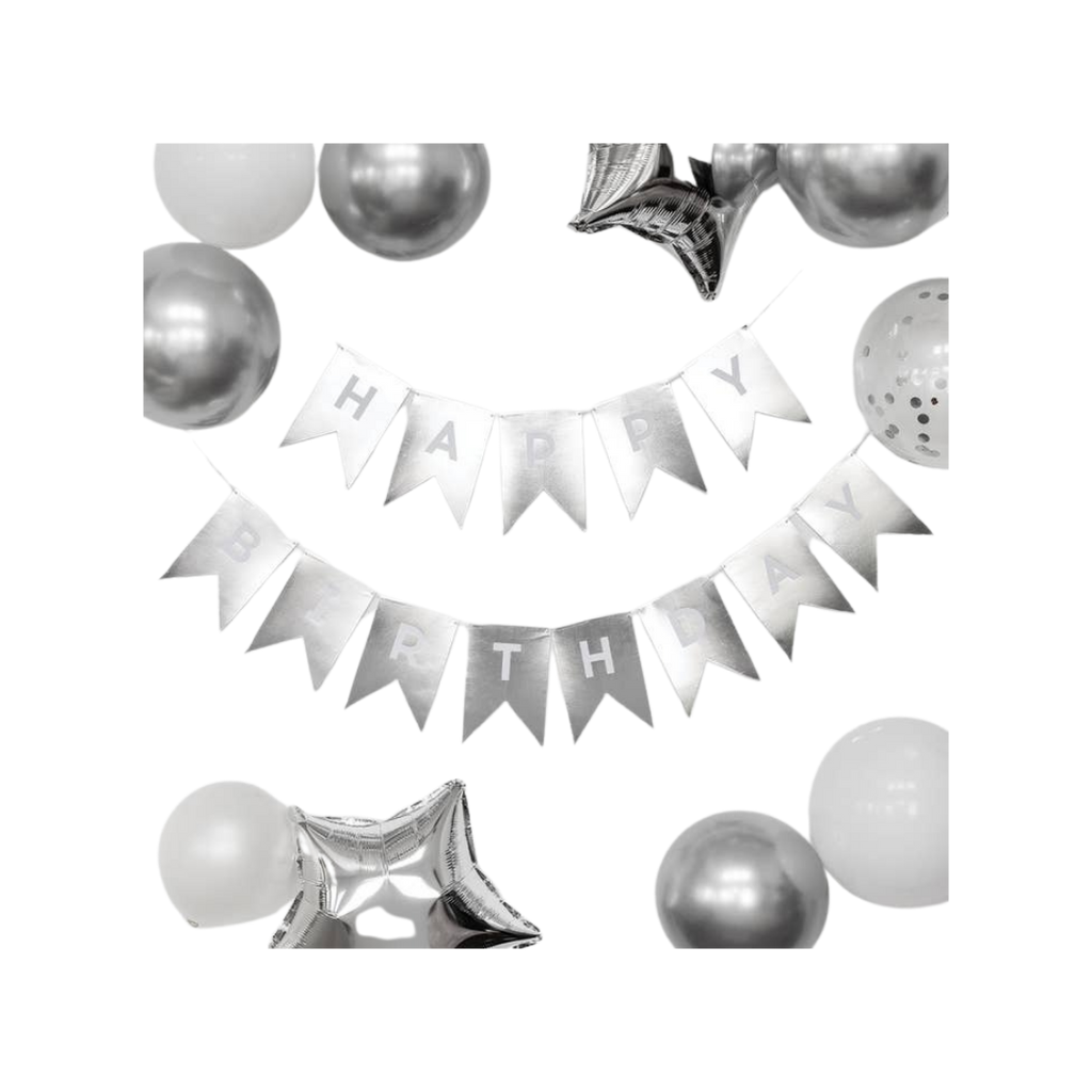Silver foil happy birthday word banner with balloons birthday theme from Parte Haus party supply store in Bethesda MD