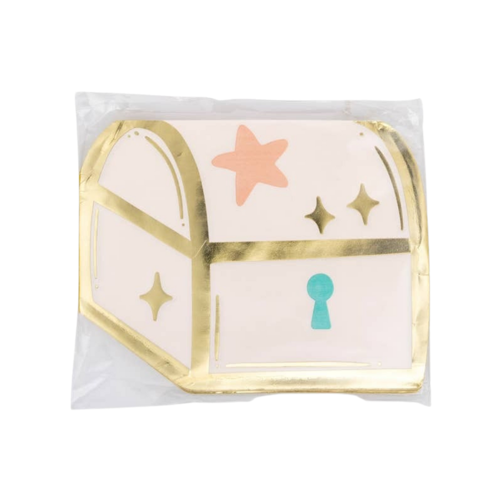 Pink and gold treasure chest napkin with star and sparkles mermaid party from Parte Haus party supply store in Bethesda MD