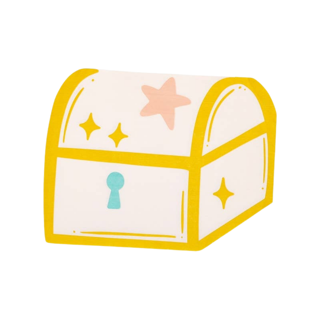 Yellow and white treasure chest favor box with star and keyhole for birthday from Parte Haus party supply store in Bethesda MD
