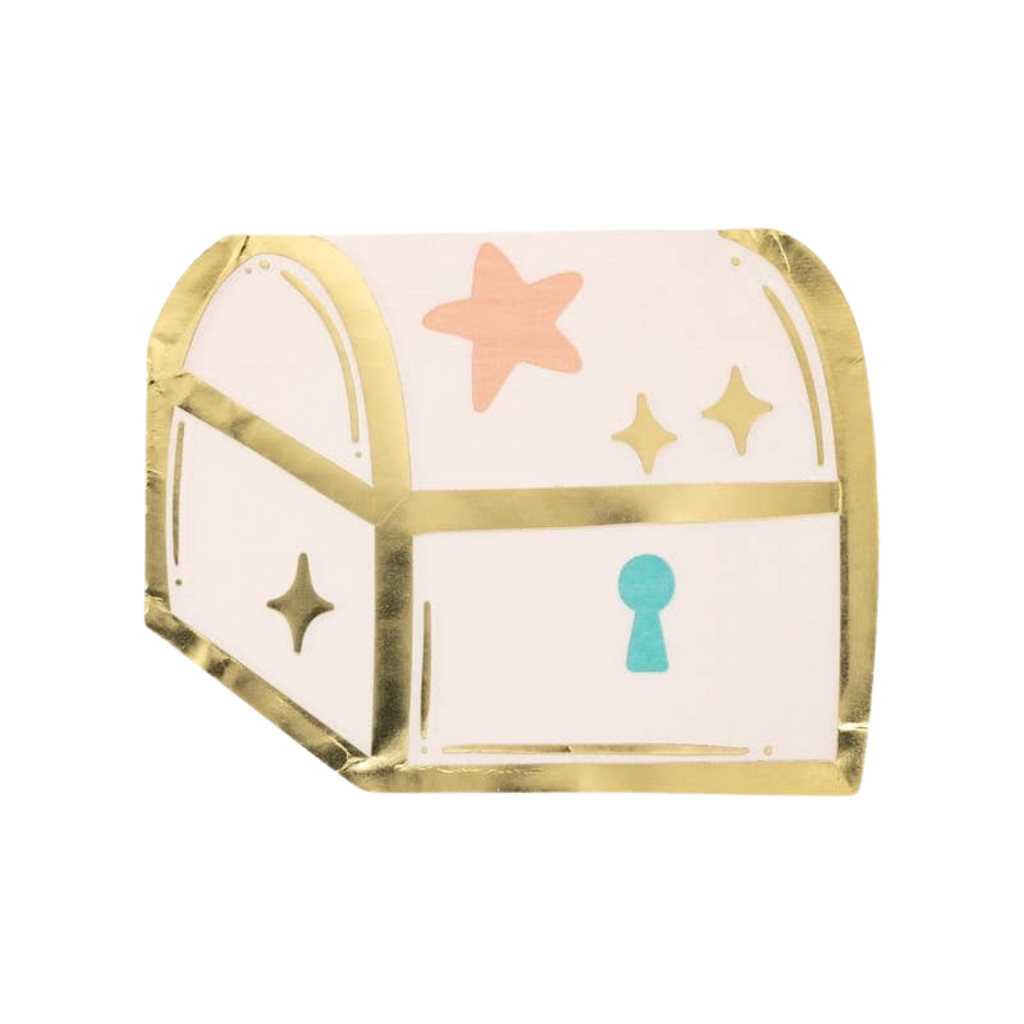 White and gold treasure chest napkin with star and keyhole design pirate theme from Parte Haus party supply store in Bethesda MD