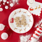 Red and white Christmas paper plate with reindeer and Santa sleigh holding gingerbread cookies for holiday from Parte Haus party supply store in Bethesda, Maryland