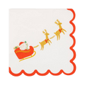 White red Christmas napkin with scalloped edge Santa in sleigh and reindeer from Parte Haus party supply store in Bethesda Maryland