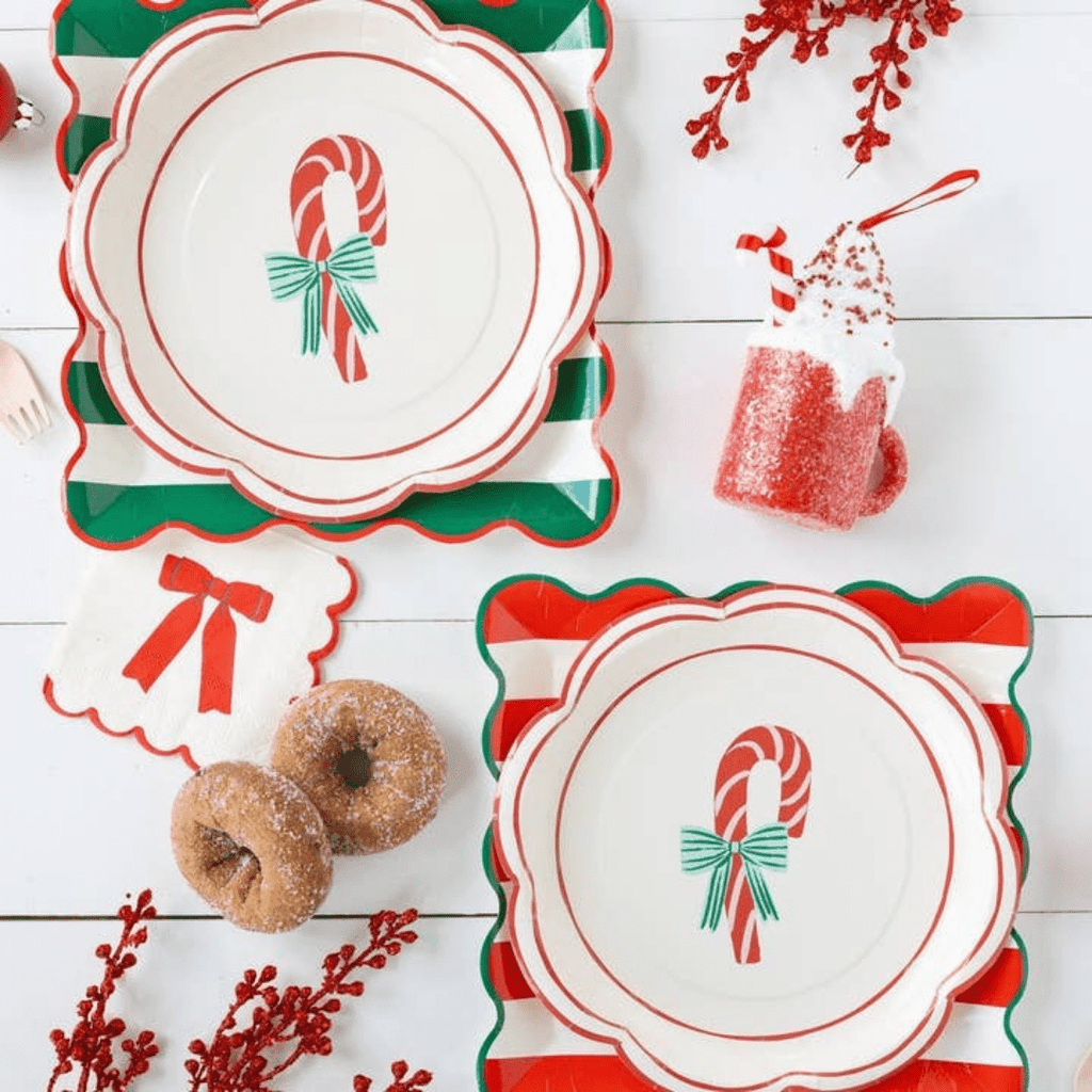Red and green Christmas plates with candy cane design holiday table decor from Parte Haus party supply store in Bethesda MD