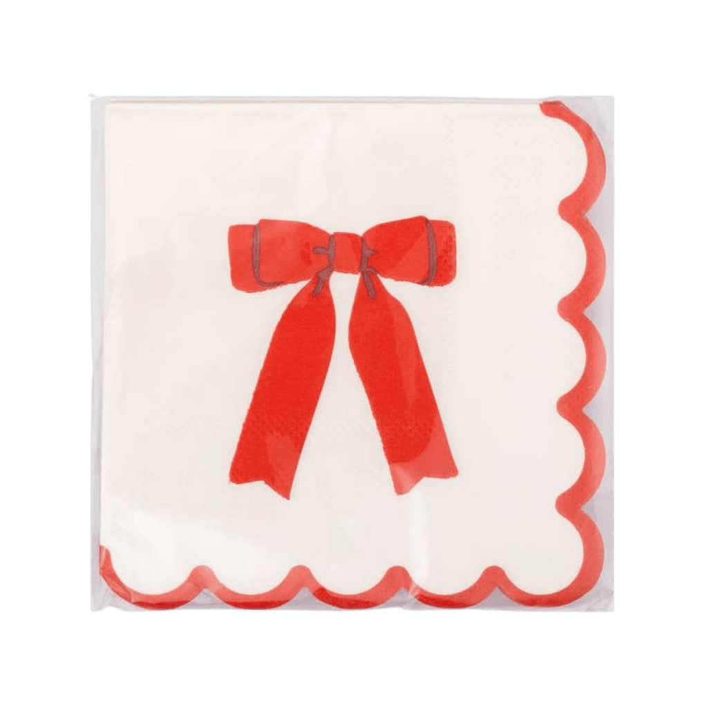 Red bow paper napkin with scalloped edges for birthday from Parte Haus party supply store in Bethesda MD.