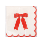 Red bow paper napkin with scalloped edges for birthday from Parte Haus party supply store in Bethesda MD.