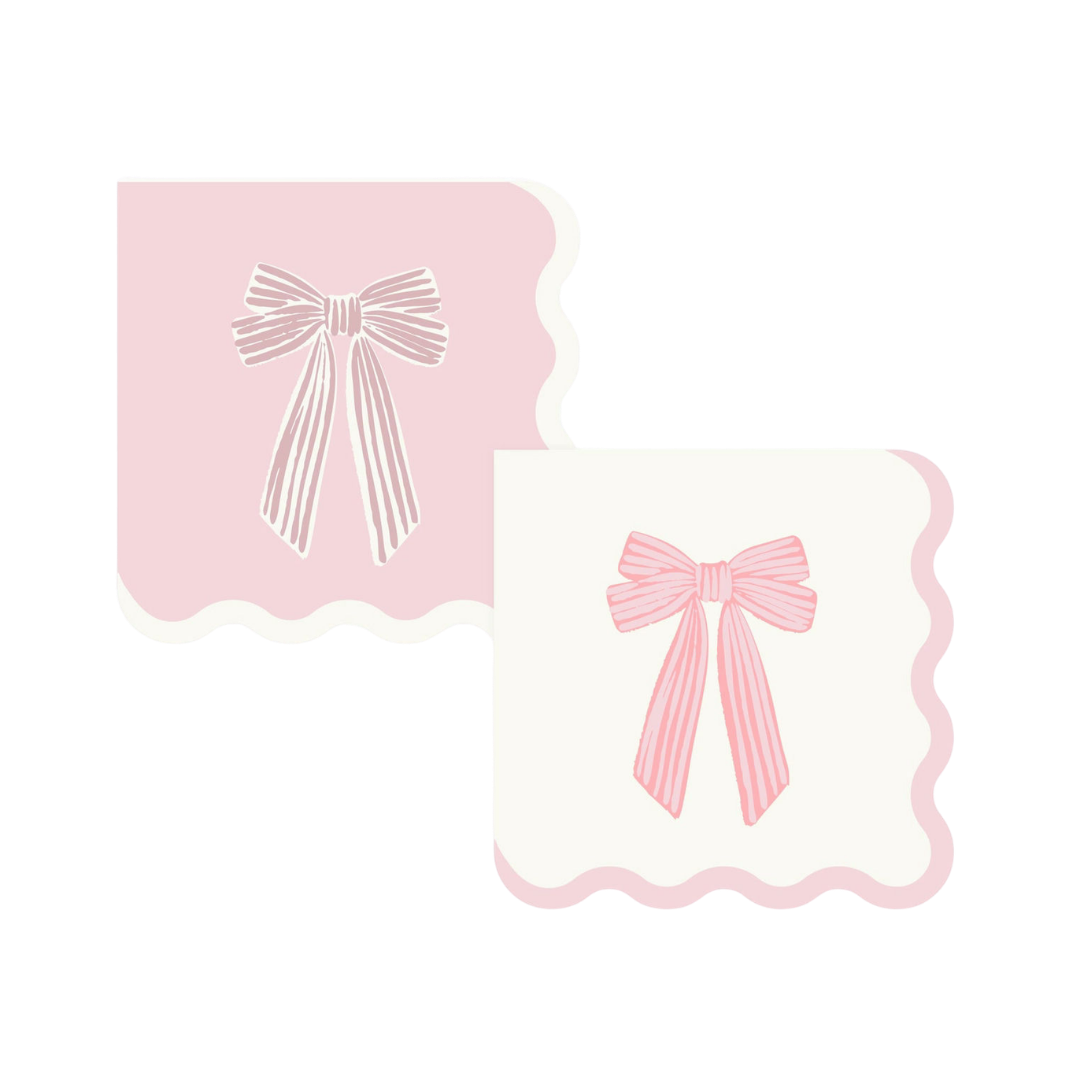 Pink and White Bow Scalloped Cocktail Napkin