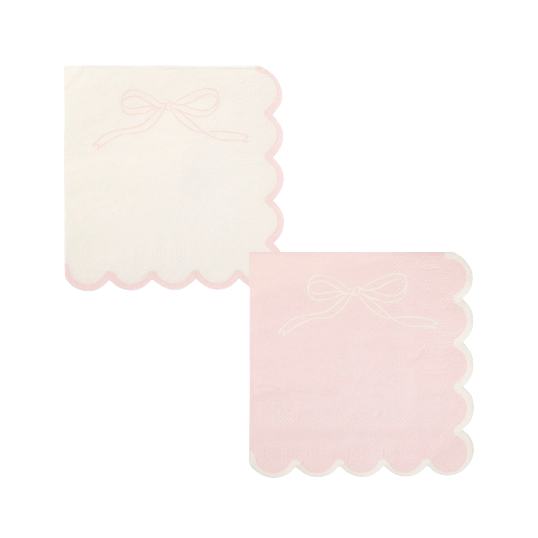 Pink and White Dainty Bow Scalloped Cocktail Napkin