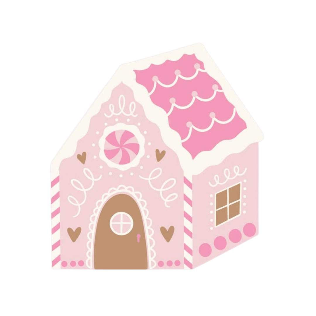 pink gingerbread house favor box with candy details holiday theme from Parte Haus party supply store in Bethesda Maryland