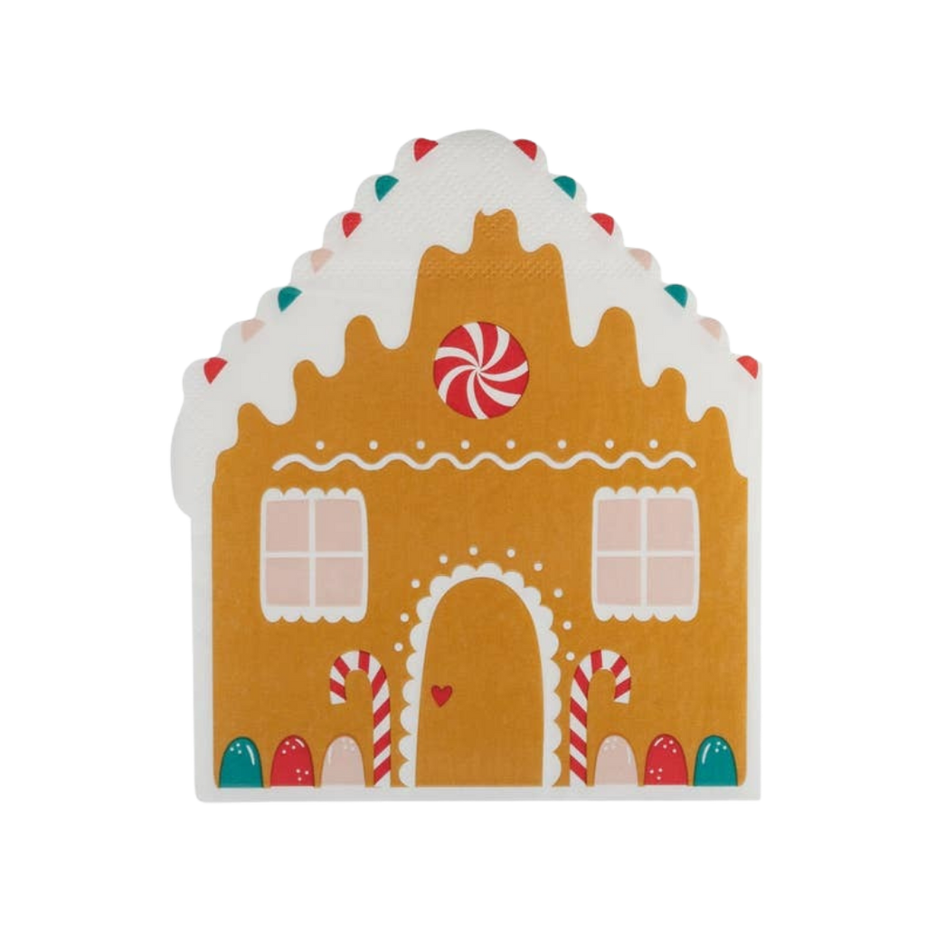 Brown gingerbread house napkin with white icing and candy canes Christmas from Parte Haus party supply store in Bethesda MD