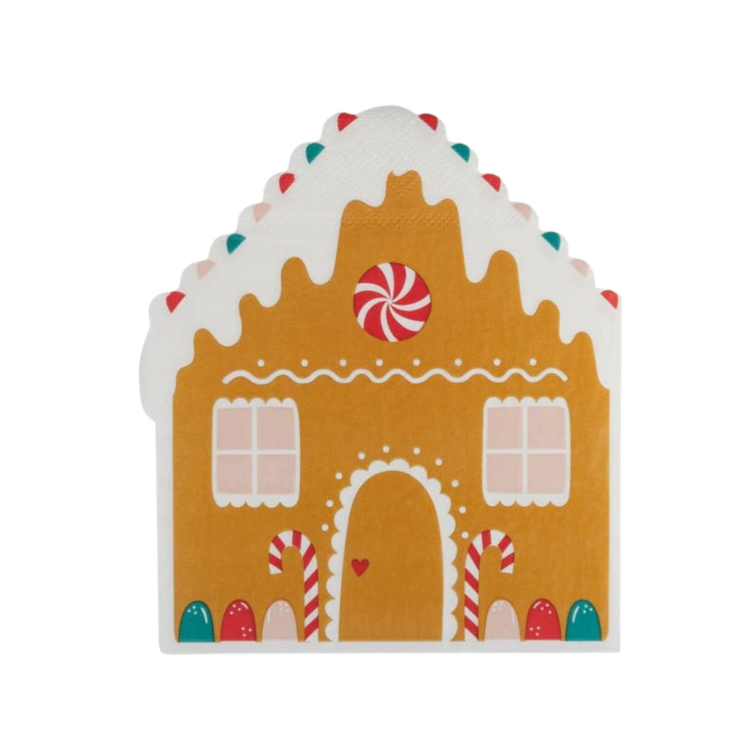 Brown gingerbread house napkin with white icing and candy canes Christmas from Parte Haus party supply store in Bethesda MD