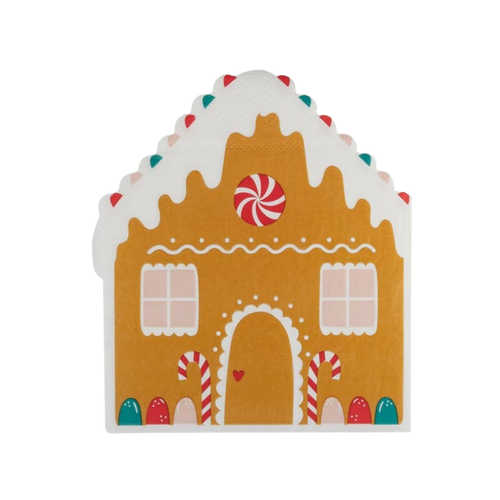 Brown gingerbread house napkin with white icing and candy canes Christmas from Parte Haus party supply store in Bethesda MD