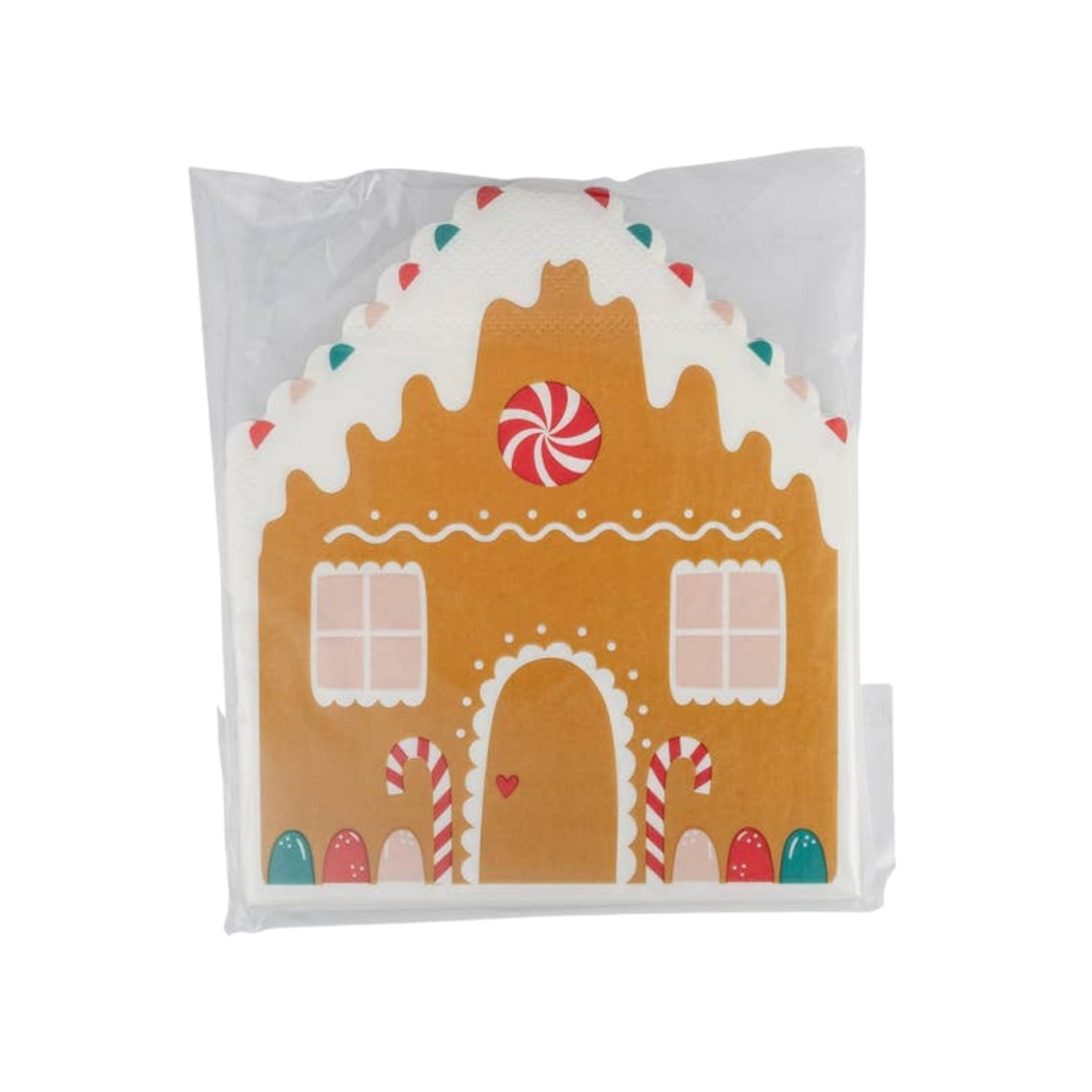 Brown gingerbread house napkins with candy detail holiday Christmas theme from Parte Haus party supply store in Bethesda MD