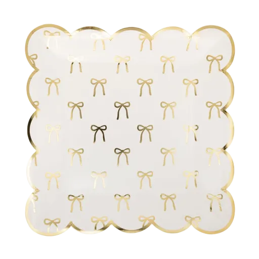 White and Gold Bows Square Scalloped Large Dinner Plates