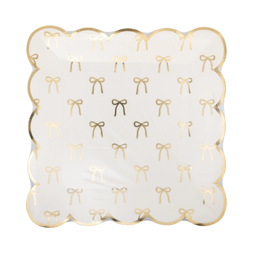 White and Gold Bows Square Scalloped Large Dinner Plates