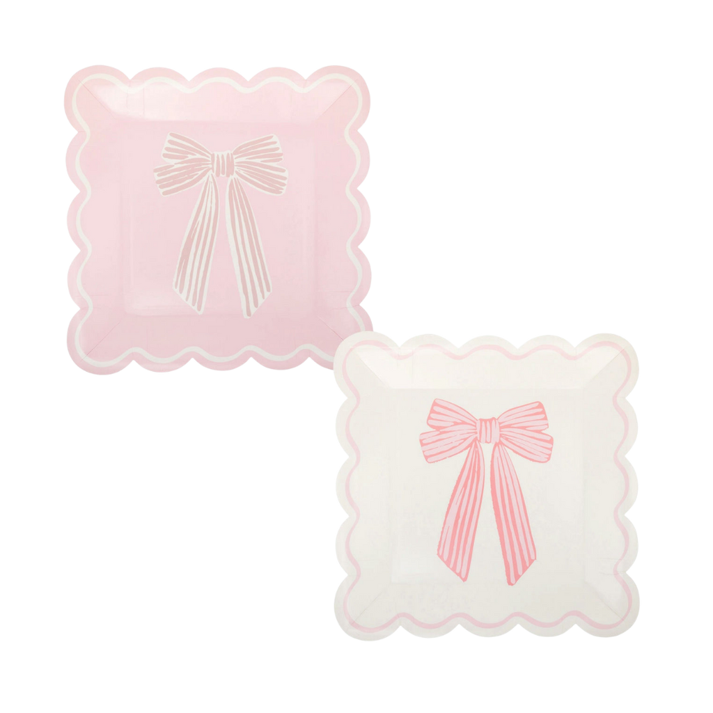 Pink & White Bow Square Scalloped Dinner Plates