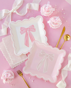 Pink & White Bow Square Scalloped Dinner Plates