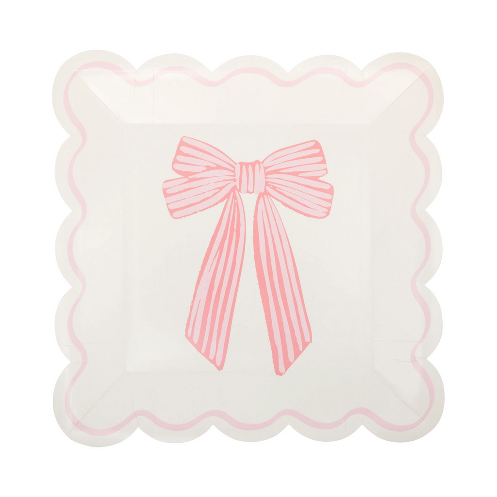 Pink & White Bow Square Scalloped Dinner Plates