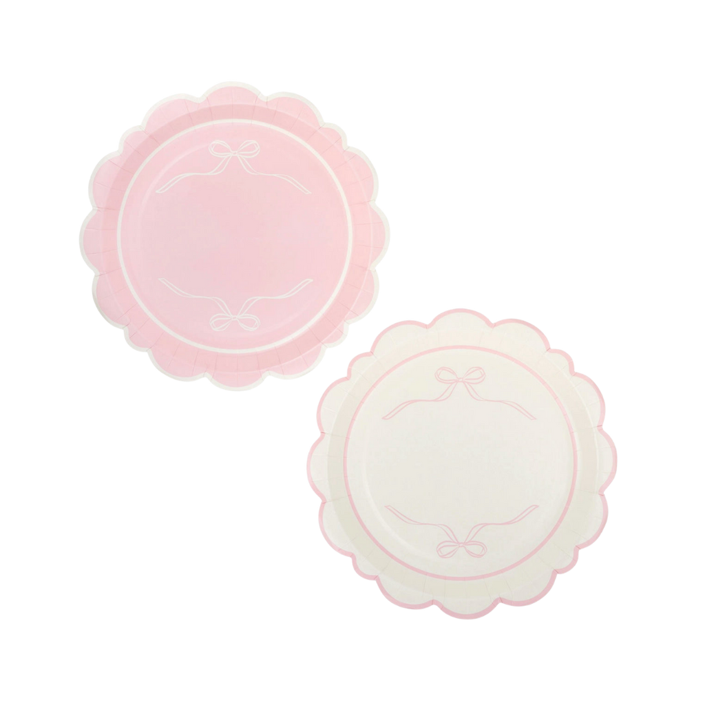 Pink & White Bow Round Scalloped Dinner Plates