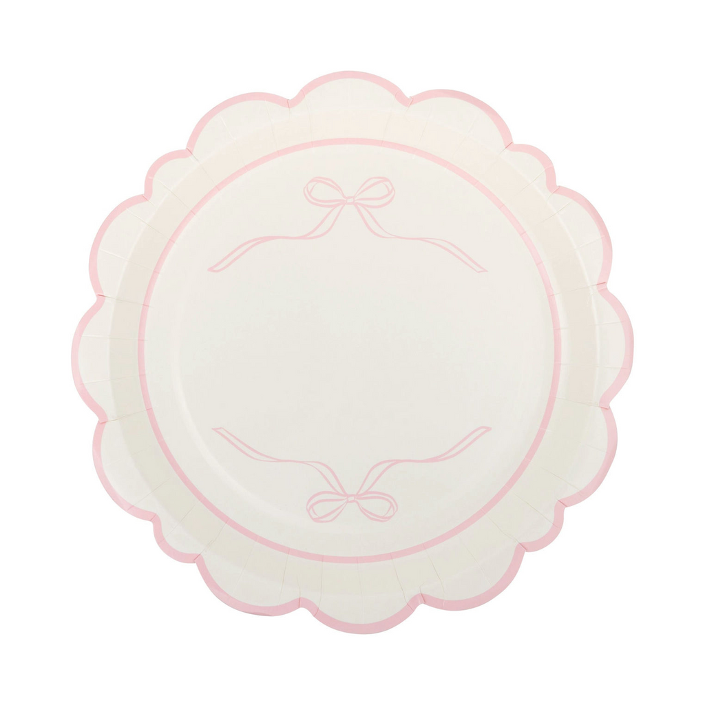 Pink & White Bow Round Scalloped Dinner Plates