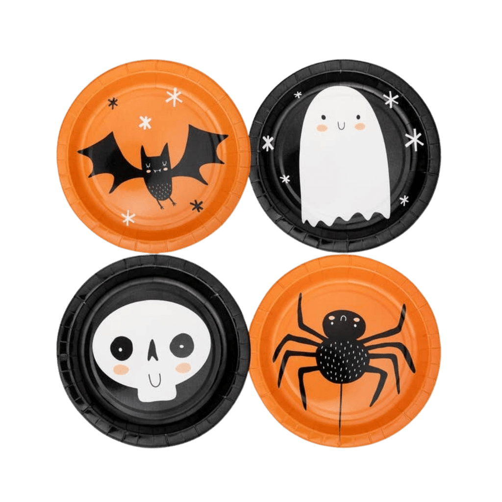 Orange and black Halloween paper plates with bat ghost skull and spider designs from Parte Haus party supply store in Bethesda MD.