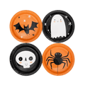Orange and black Halloween paper plates with bat ghost skull and spider designs from Parte Haus party supply store in Bethesda MD.