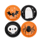 Orange and black Halloween paper plates with bat ghost skull and spider designs from Parte Haus party supply store in Bethesda MD.