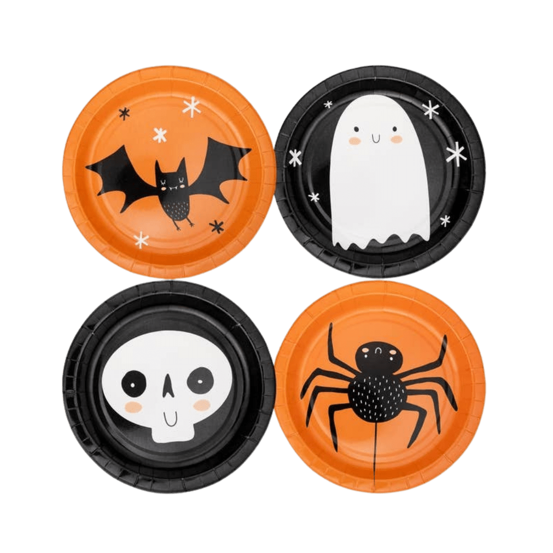 Orange and black Halloween paper plates with bat ghost skull and spider designs from Parte Haus party supply store in Bethesda MD.