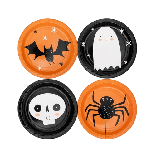 Orange and black Halloween paper plates with bat ghost skull and spider designs from Parte Haus party supply store in Bethesda MD.