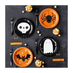 Orange and black Halloween themed paper plates with skeleton spider ghost and bat design from Parte Haus party supply store in Bethesda Maryland