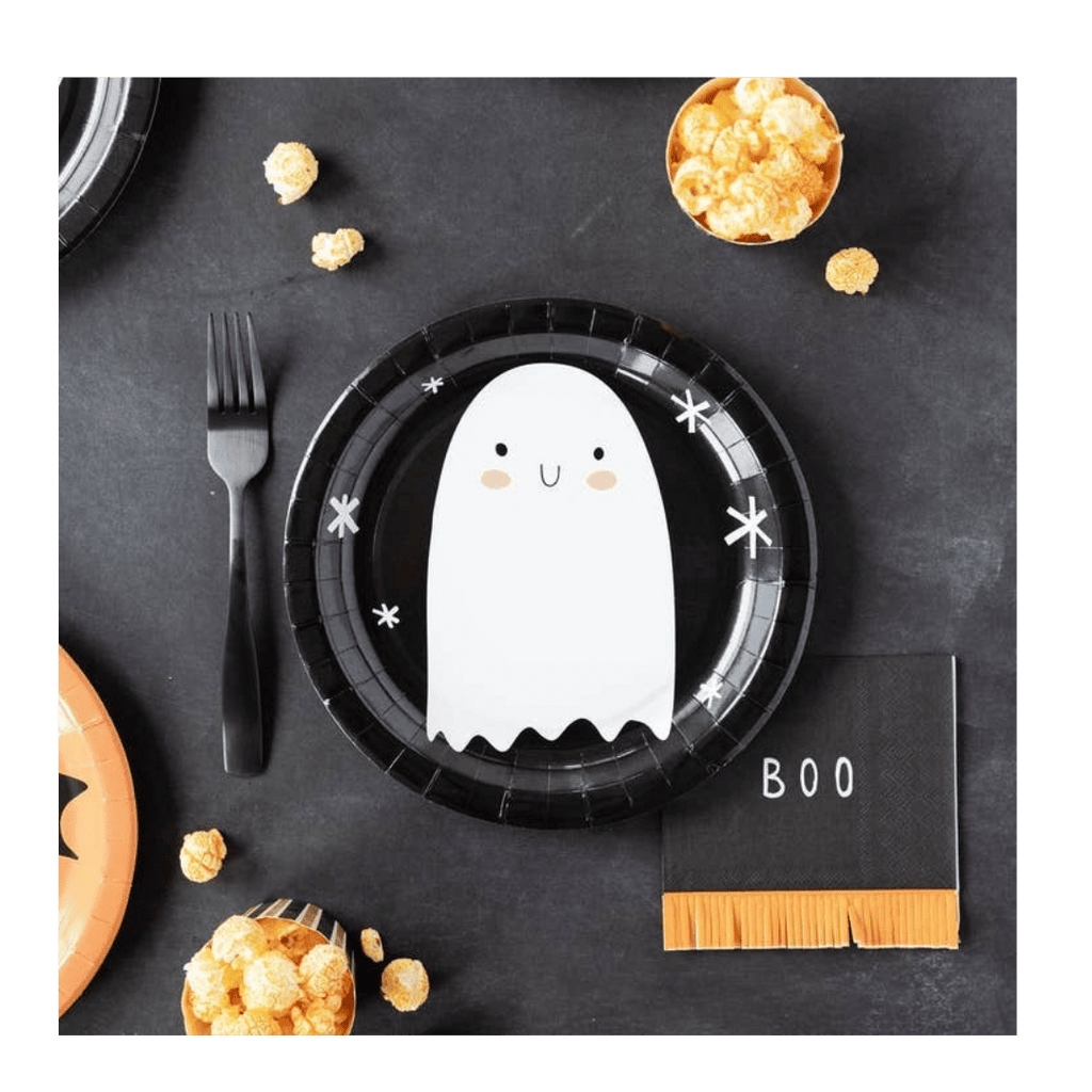 Black Halloween paper plate with cute ghost design for spooky party from Parte Haus party supply store in Bethesda Maryland