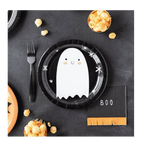 Black Halloween paper plate with cute ghost design for spooky party from Parte Haus party supply store in Bethesda Maryland