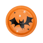 Orange Halloween paper plate with cute black bat design from Parte Haus party supply store in Bethesda MD