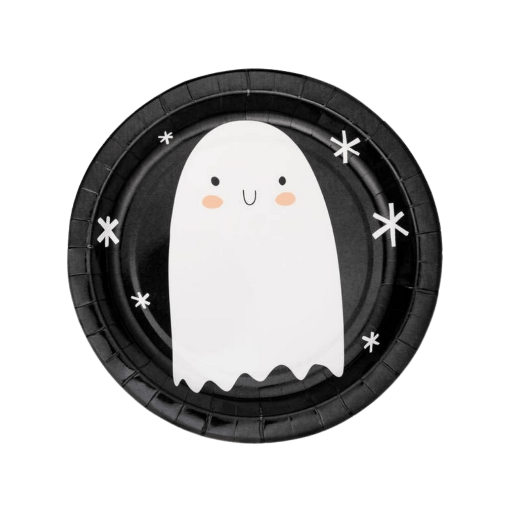 Black Halloween paper plate with cute white ghost illustration from Parte Haus party supply store in Bethesda MD