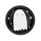 Black Halloween paper plate with cute white ghost illustration from Parte Haus party supply store in Bethesda MD