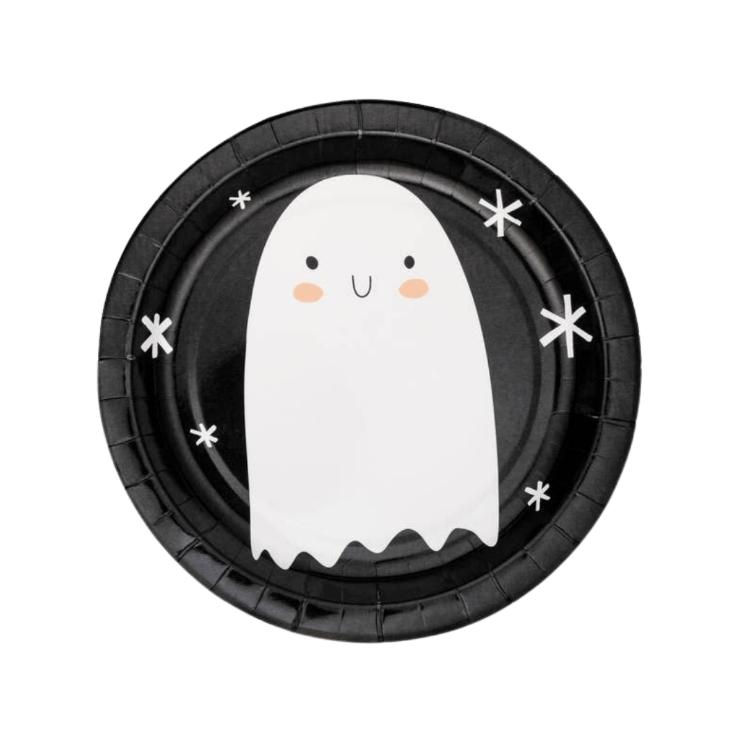 Black Halloween paper plate with cute white ghost illustration from Parte Haus party supply store in Bethesda MD