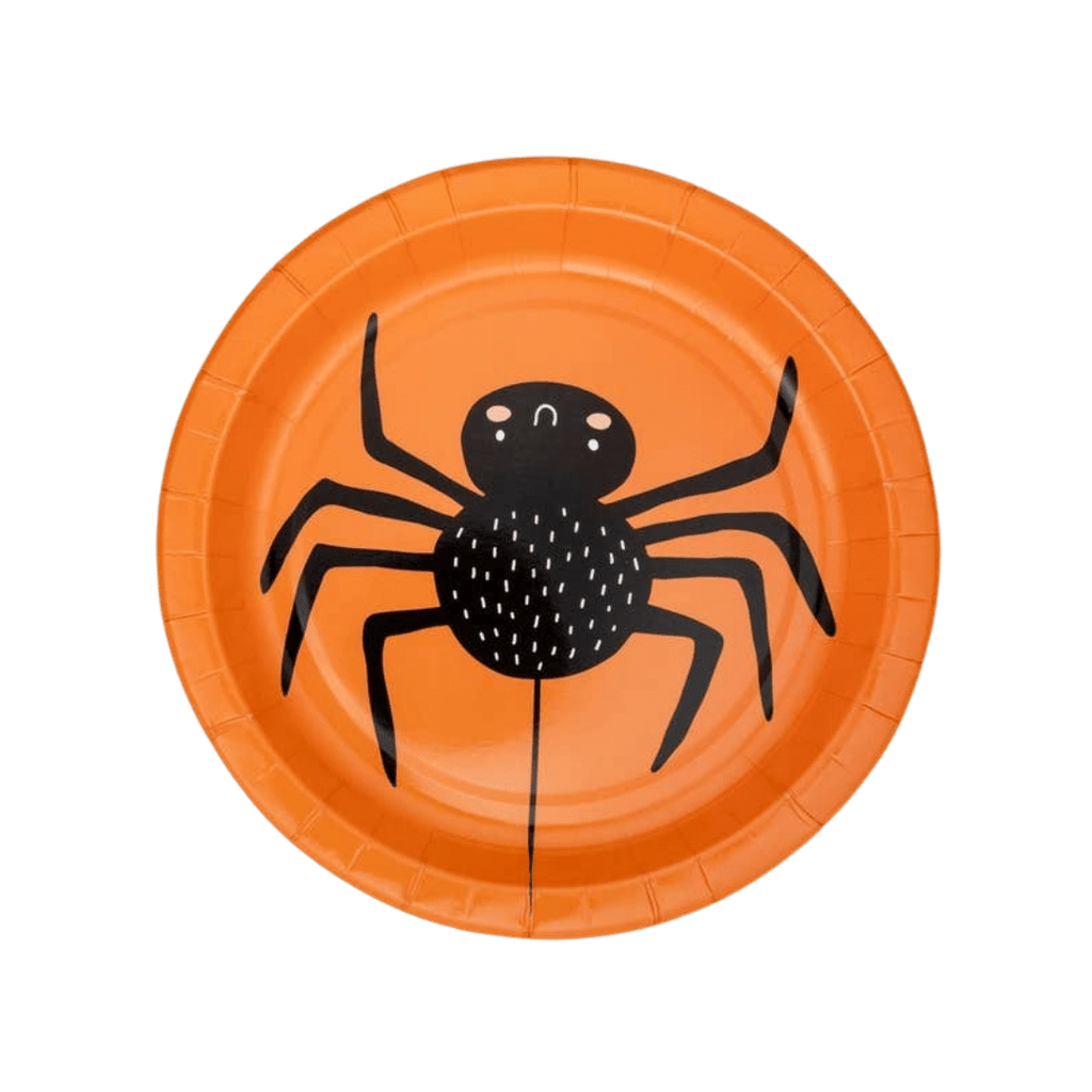 Orange Halloween plate with black cartoon spider design from Parte Haus party supply store in Bethesda MD