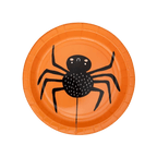 Orange Halloween plate with black cartoon spider design from Parte Haus party supply store in Bethesda MD