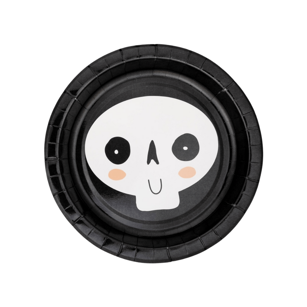 Black Halloween plate with cute skull face for spooky party theme from Parte Haus party supply store in Bethesda MD