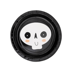 Black Halloween plate with cute skull face for spooky party theme from Parte Haus party supply store in Bethesda MD